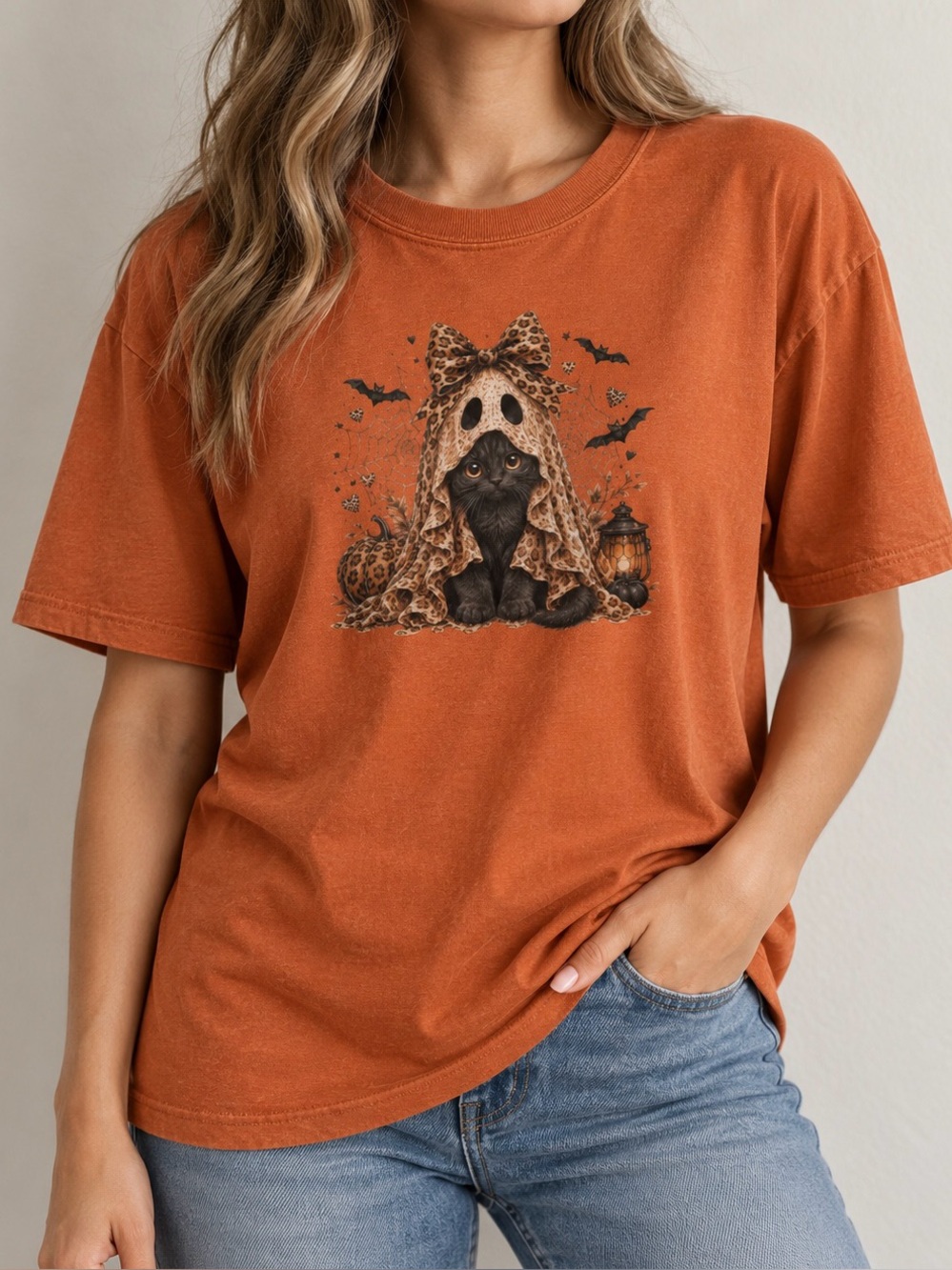 Leopard Print Ghost Black Cat Spooky Season Fall Aesthetic Statement Graphic Tee - Picture 1 of 3